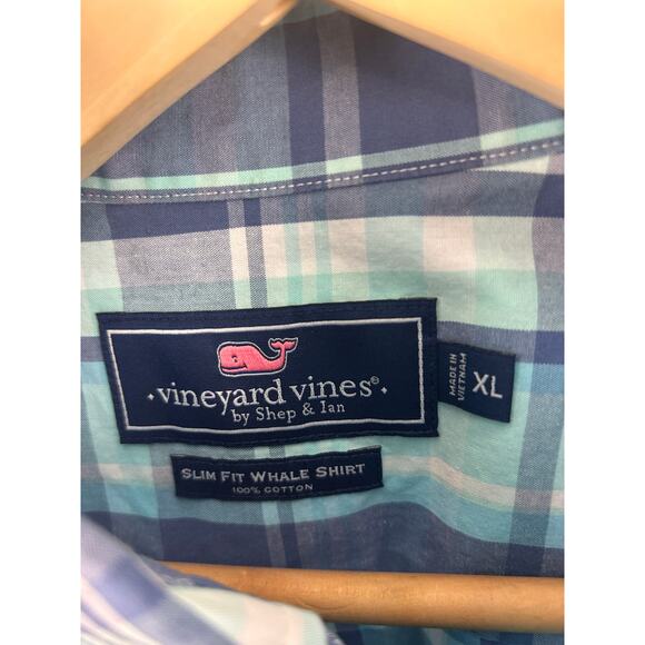 Vineyard Vines Slim Fit Whale Shirt XL Plaid Button Down Blue Green Cotton - Picture 3 of 7